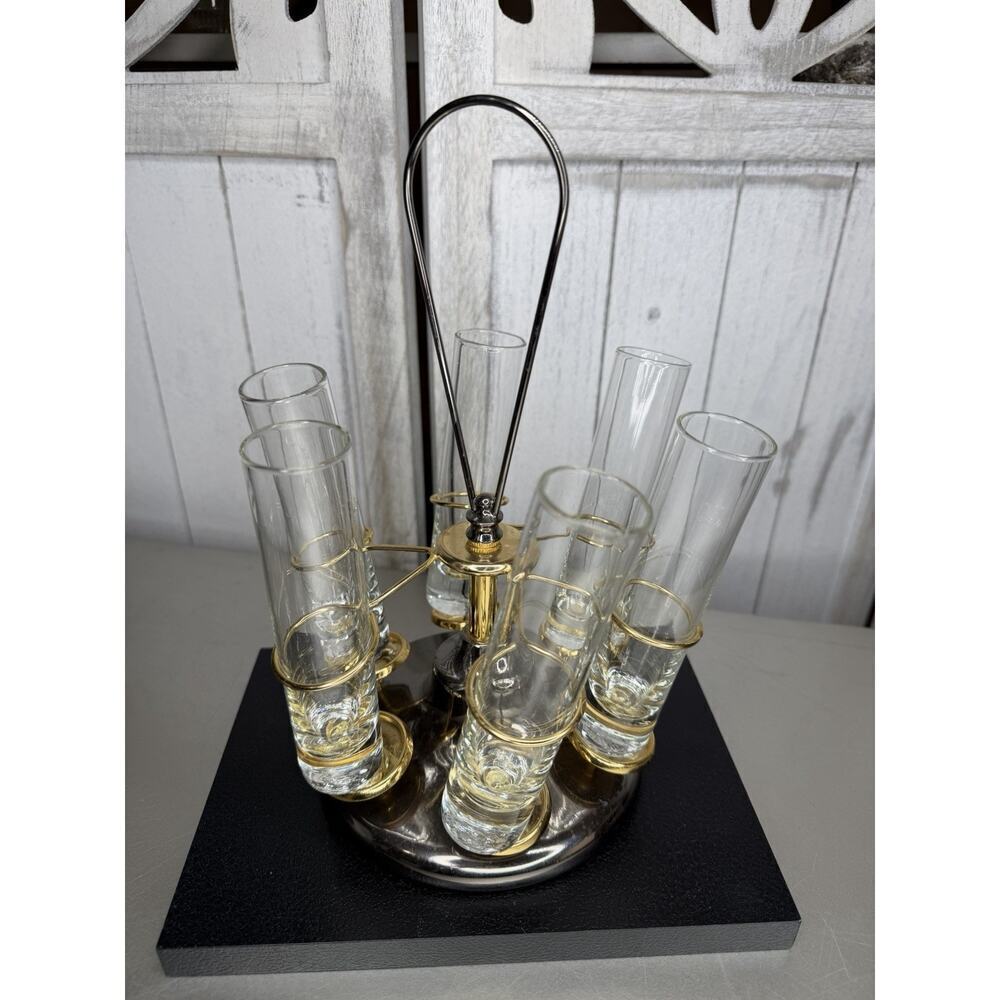 MCM Tall Glasses & Caddy Basket Cocktail Gold Silver Vodka Mid Century